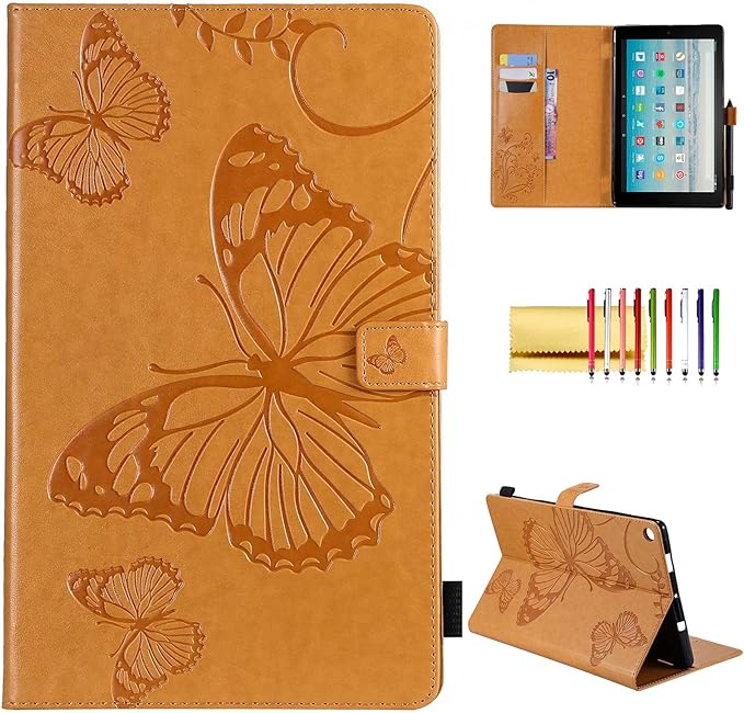 Wallet Case for Fire HD 10 (9th/7th/5th Generation 2019/2017/2015) Techcircle Butterflies Embossed Stand Folding Cover with Card/Cash Holder for Amazon Fire HD 10.1 Tablet Auto Sleep/Wake Ochre