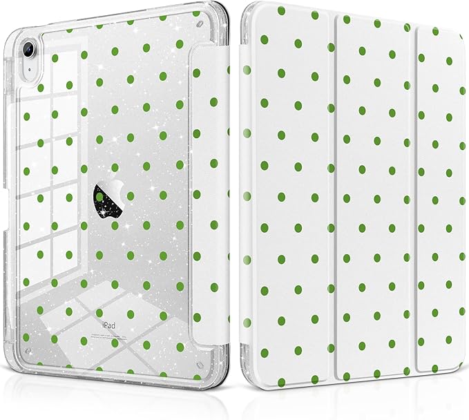 MEEgoodo Case for iPad A16 11th Generation 2025/10th Generation 2022 Glitter Tablet Cases with Transparent Acrylic Back+Trifold Stand +Pencil Holder+Auto Wake/SleepGreen Polka Dots