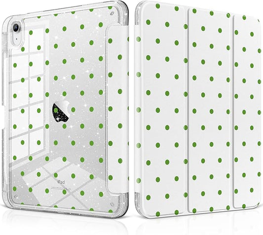 MEEgoodo Case for iPad A16 11th Generation 2025/10th Generation 2022 Glitter Tablet Cases with Transparent Acrylic Back+Trifold Stand +Pencil Holder+Auto Wake/SleepGreen Polka Dots