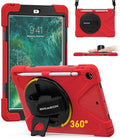BRAECN for iPad 9.7 Inch Case with Pencil Holder [Rotating Kickstand/Handle Hand Strap] [Carrying Shoulder Strap] Heavy Duty Shockproof Childproof Case for iPad 9.7 Inch A1893 A1954 2018 -Red