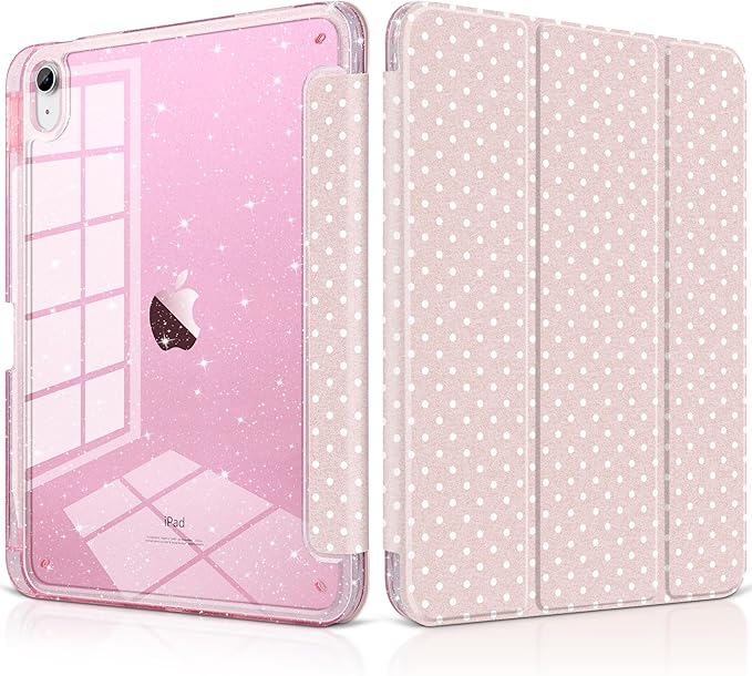 MEEgoodo Case for iPad A16 11th Generation 2025/10th Generation 2022 Glitter Tablet Cases with Transparent Acrylic Back+Trifold Stand +Pencil Holder+Auto Wake/SleepBlush Pink &amp Polka Dots
