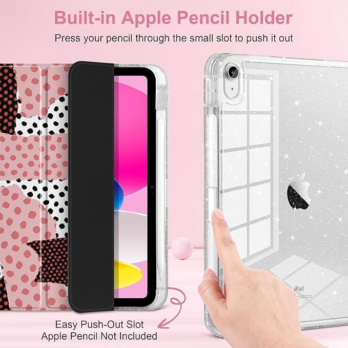 MEEgoodo Case for iPad A16 11th Generation 2025/10th Generation 2022 Glitter Tablet Cases with Transparent Acrylic Back+Trifold Stand +Pencil Holder+Auto Wake/SleepModern Creative Pattern