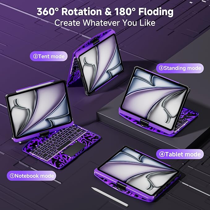 Transparent Keyboard Case for iPad Air 13 Inch (M3 2025/M2 2024) &amp iPad Pro 12.9 (6th/5th/4th/3rd Gen) - Multi-Touch Trackpad 360° Rotating Stand 7-Color Backlit Pencil Holder Purple