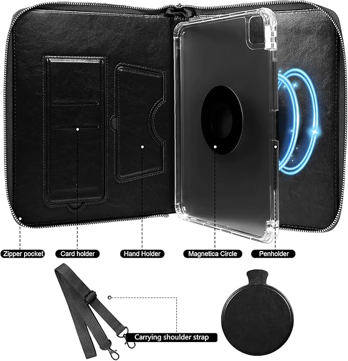 E NET-CASE Case for iPad Air 11 M4/M3/M2 (2026/2025/2024)/iPad (A16) 11th Gen 11 2025/iPad Air 5th/4th Gen (2022/2020) 10.9with Pen Holder/Hand Strap/Carrying Shoulder Strap (Black)