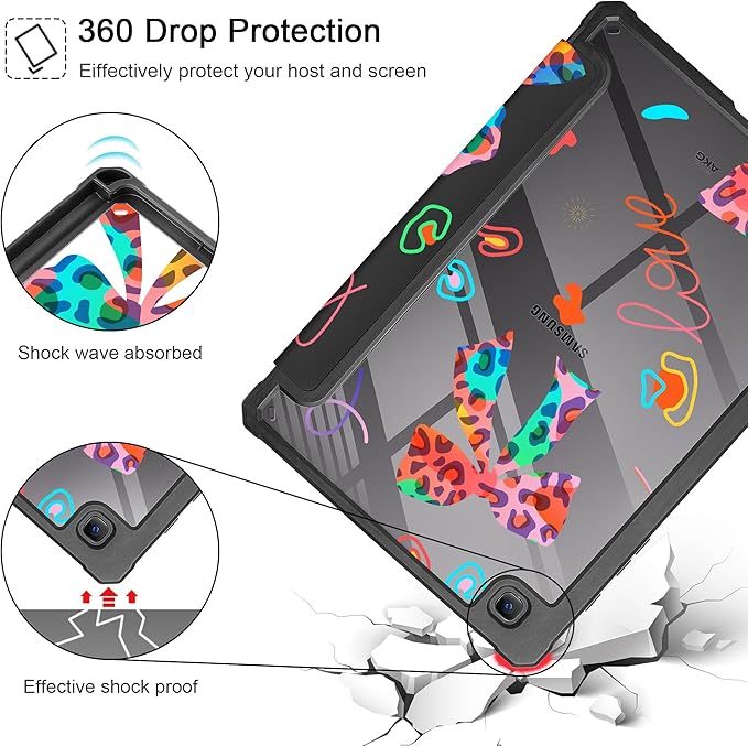 Mektron Case for Samsung Galaxy Tab S6 Lite 10.4 Inch 2024/2022/2020 with S Pen Holder Multi-Angle Viewing with Shockproof Cover Clear Shell + Trifold Stand + Auto Wake/Sleep Neon Bows-Black