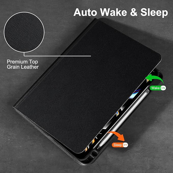 Gexmil Genuine Leather Case for iPad Pro 11 Inch (M5/M4) 2025/2024 with Pencil HolderProtective Shockproof Leather Smart Folio Cover Adjustable Stand Auto Sleep/Wake Anti-SlipCross-Hatched Black