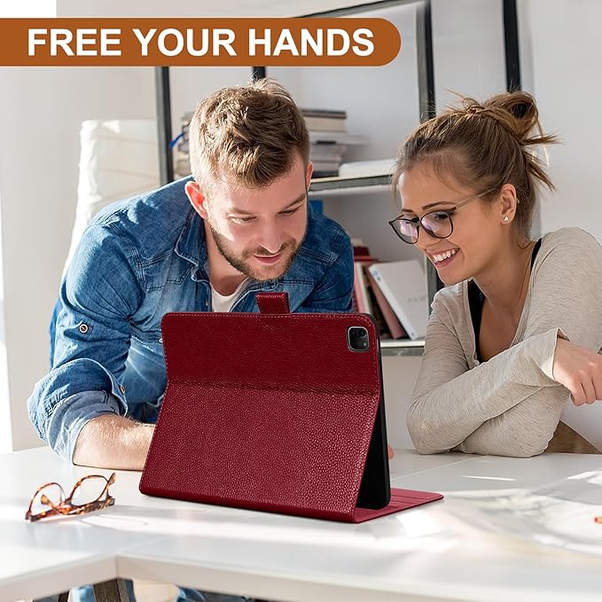 Genuine Leather Case for iPad Pro 12.9 inch 6th/5th/4th/3rd Generation 2022/2021/2020/2018 | with Pencil Holder and Adjustable Stand Magnetic Closure Auto Wake/Sleep Cover | Wine Red