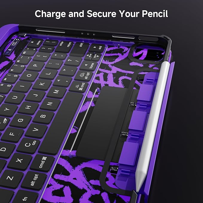 Transparent Keyboard Case for iPad Air 13 Inch (M3 2025/M2 2024) &amp iPad Pro 12.9 (6th/5th/4th/3rd Gen) - Multi-Touch Trackpad 360° Rotating Stand 7-Color Backlit Pencil Holder Purple