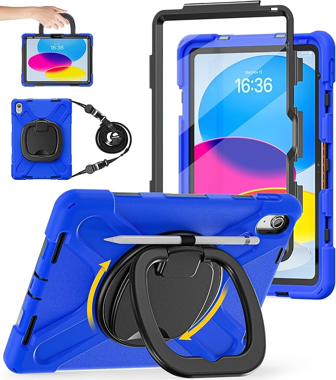 BATYUE Case for iPad (A16) 11th/10th Gen 11''/10.9'' 2025/2022 - Heavy Duty Shockproof Cover with 360° Rotating &amp 180° Folding Stand Screen Protector Shoulder Strap &amp Pencil Holder | Blue