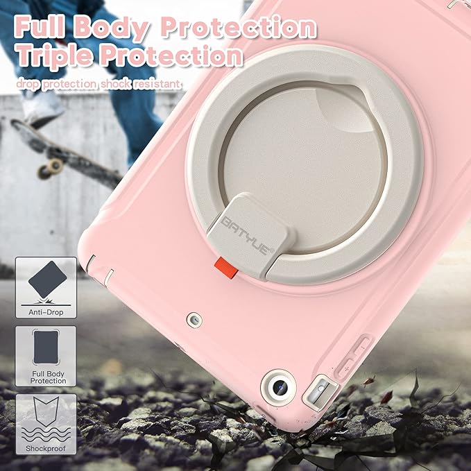 BATYUE Shockproof Case for iPad mini 1/2/3 (2012/2013/2014) - 360° Multi-Angle Stand (Portrait &amp Landscape) &amp Grip Multi-Scene for All Ages Pink