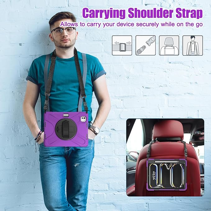 Batianda Case for New iPad Pro 11-inch 2025 M5 2024 M4 Chip Heavy Duty Rugged Durability Silicone Tablet Cover with 360° Rotating Hand Strap Foldable Hidden Stand &amp Shoulder Strap Purple