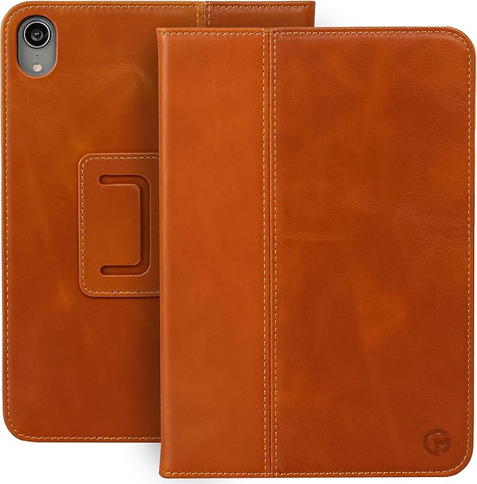 Casemade Real Leather Case Compatible with iPad mini 7 (A17 Pro) / 6th Gen (2021) - Full-Grain Leather Cover Auto Sleep/Wake Dual Stand Position (Tan)