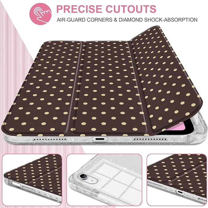 DONGKE for iPad Case 9th/8th/7th Generation 10.2 Inch (2021/2020/2019) Shockproof Glitter Acrylic Back with Trifold Stand Pencil Holder &amp Auto Sleep/Wake - Brown Polka Dot