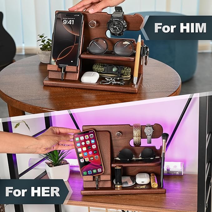 TESLYAR Wood Phone Docking Station for Men - Desk or Nightstand Organizer - Birthday Gifts for Husband or Dad - Anniversary Idea from Wife - Key Holder - Stand Wallet Watch &amp Essentials (Chestnut