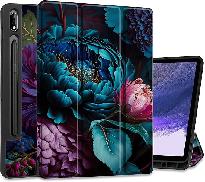 MEEgoodo Case for Samsung Galaxy Tab S9/S9 FE 11 inch Cover 2023 with Pen Holder Protective Tablet Cover with Folding Stand + Soft TPU Back Shell + Smart Auto Wake/Sleep Beautiful Fantasy Flower