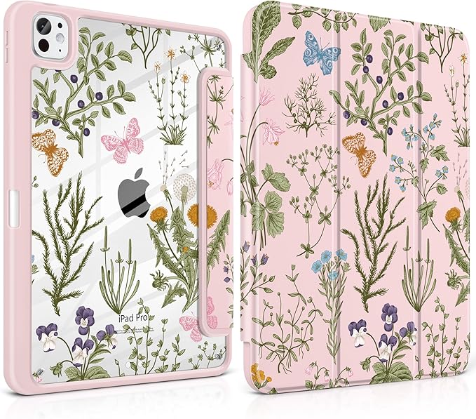 DONGKE for iPad Pro 11-Inch Case (M5 2025 / M4 2024) 6th/5th Generation [Auto Sleep/Wake &amp Pencil Pro Holder] Clear Acrylic Back Smart Trifold Stand Cover Wildflower &amp Butterfly