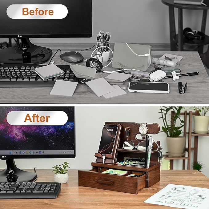 TESLYAR Wood Phone Docking Station with Drawer - Nightstand Organizer - Desk Organizer for Husband - Birthday Gifts for Men Dad Anniversary Key Holder Stand Watch Accessories (Chocolate Brown)