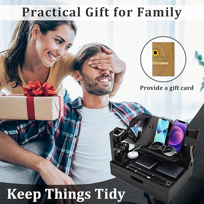 Nightstand Organizer for Men with Large Drawer Wood Phone Docking Station for Phone Apple Watch Wallet &amp Keys Ideal Birthday Gift for Father Husband Bedside Desk Organizer (Black)