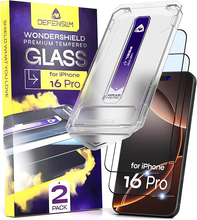 Defenslim for iPhone 16 PRO Screen Protector (2Pack) 6.3 Tempered Glass 9H Hardness Ultra HD Clear Case Friendly Easy Auto-Dust &amp Align Install Kit WonderShield