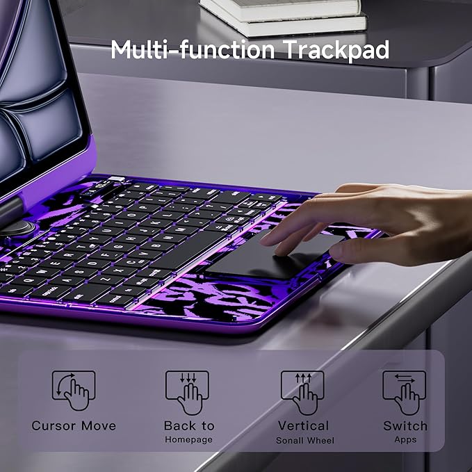 Transparent Keyboard Case for iPad Air 13 Inch (M3 2025/M2 2024) &amp iPad Pro 12.9 (6th/5th/4th/3rd Gen) - Multi-Touch Trackpad 360° Rotating Stand 7-Color Backlit Pencil Holder Purple