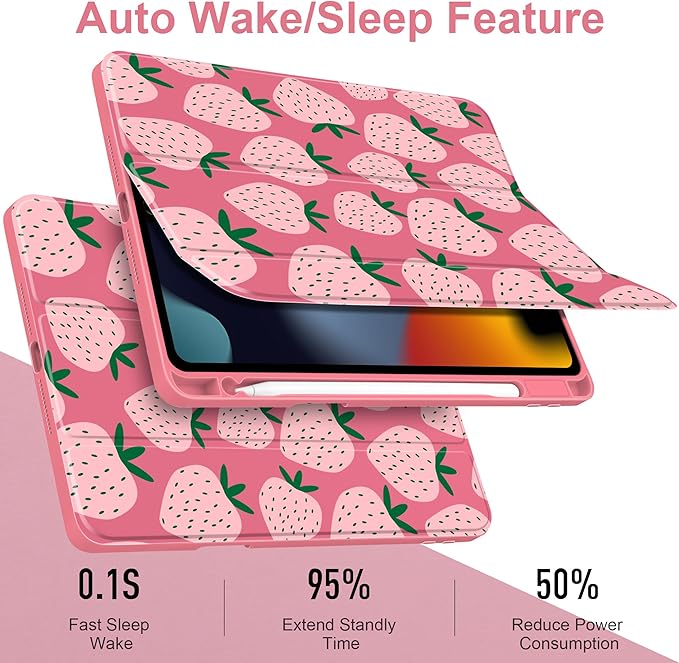 MEEgoodo Case for iPad 10.2 inchTablet Cases for iPad 9th Generation 2021/8th Gen 2020/7th Gen 2019 with Clear Acrylic Back Shell+Pencil Holder+Auto Wake/Sleep+Trifold StandMinimalist Strawberry