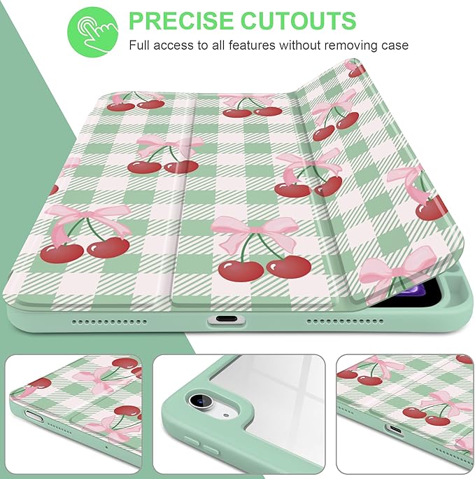 DONGKE Case for iPad Air 11-inch M4 2026 &amp M3 2025 &amp M2 2024 iPad Air 5th/4th Generation 10.9 2022/2020 [Built-in Pencil Holder] Clear Acrylic Back Trifold Stand Smart Cover Green Cherry