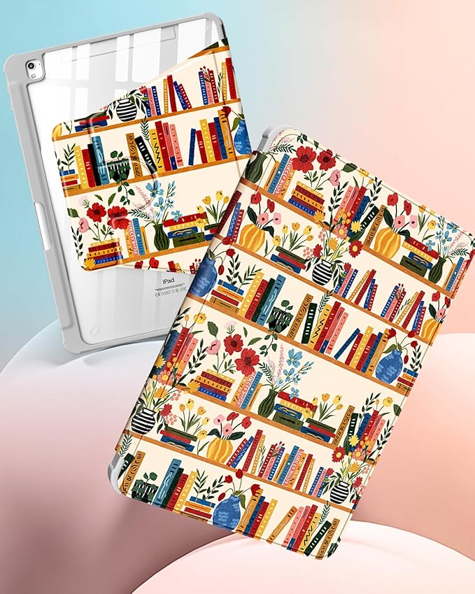 for iPad 9th/8th/7th Generation Case for iPad Air 3rd/ Pro 10.5” Case - 360 Rotating Stand Folio Smart Cover with Pencil Holder for Women Flower Bookshelf for Apple Tablet 7/8/9 Gen 10.2”