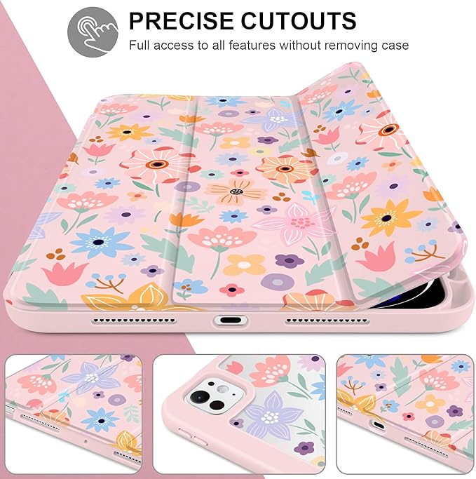 Case for iPad Pro 13 inch (M5) 2025 (M4) 2024 Release Slim Lightweight Cute Light Pink Cover with Clear Back TPU Edge Pencil Holder Trifold Stand Colorful Flowers