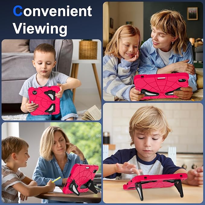 Kids Case for iPad mini 7 A17 Pro 2024/ Mini 6 8.3 inch Spider Case for iPad mini 7th 6th Generation Shockproof Durable Full Protective Cover with Pencil Holder Kickstand (Rose red+Black)