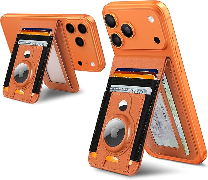 ExtreLife For Magsafe Wallet Stand with Airtag Holder Strongest Magnetic Wallet for iPhone 17/16/15/14/13/12 Series ID Window 4 Card Slots 10 Cards Holder Vegan Leather RFID Blocking Orange