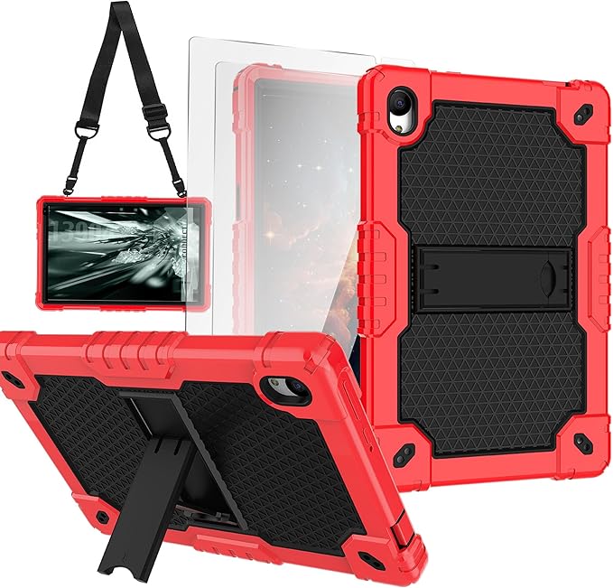 Deomoil for Urao C107/Jeazans OC101/C107 10.1 inch Tablet Hybird Case with Stand with 2 PCS Screen Protector for HiGrace C107/ZOFYWNAS C107/Freeski C107/Pswarfd 10.1 inch Tablet (Red/Black)
