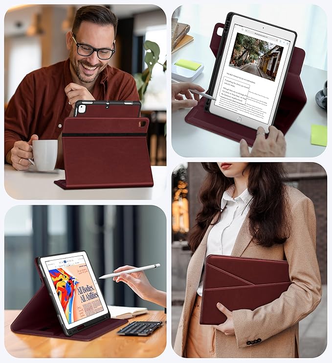 DTTO for iPad 6th / 5th Generation 9.7 Inch (2018/2017) iPad Air 2 / Air 1 Case 360 Degree Rotating Premium Leather Folio Stand Cover with Pencil Holder Burgundy Red