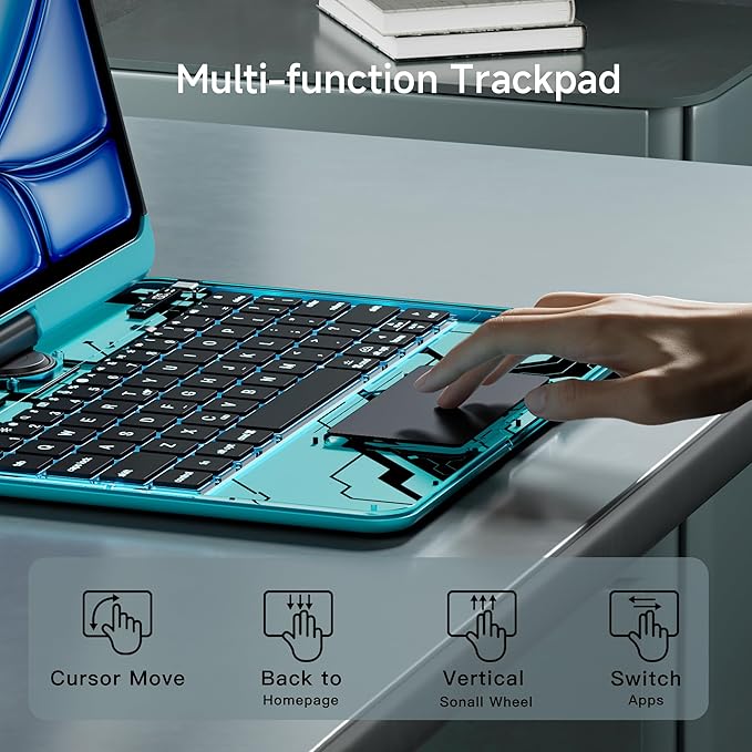 Transparent Keyboard Case for iPad 10.2 inch (9th/8th/7th Gen) with Multi-Touch Trackpad 360° Rotating Stand 7-Color 3-Level Backlit Wireless Bluetooth Pencil HolderBlue