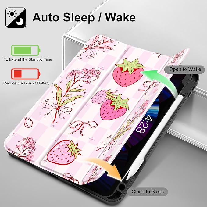 May Chen Case for iPad Pro 11 inch (4th 3rd 2nd &amp 1st Gen) 2022 2021 2020 2018Trifold Stand with Auto Wake/Sleep Soft TPU Protective Stand Back Cover Strawberry Bow