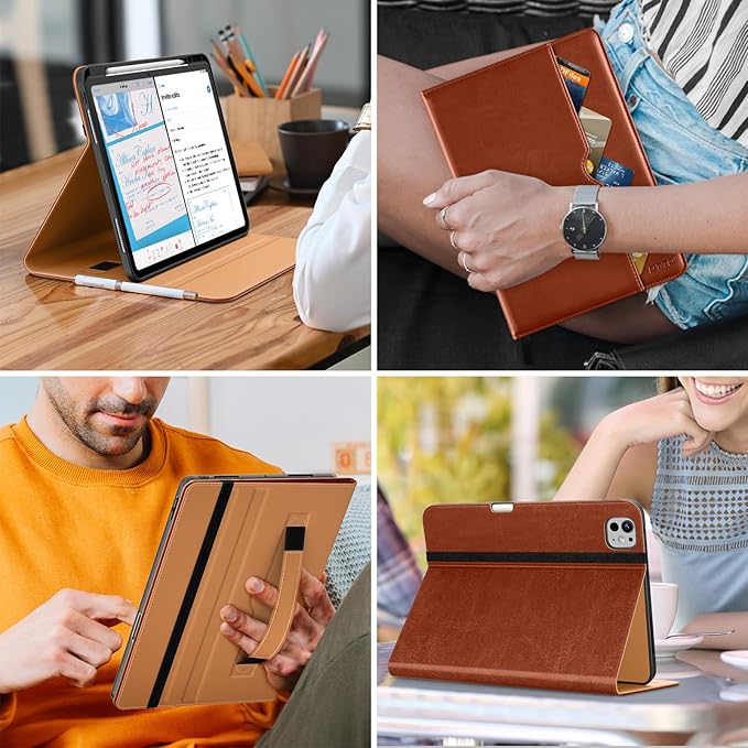 DTTO for iPad Pro 13 Inch Case (M5/M4) 2025/2024 Premium Leather Business Folio Stand Cover with Pencil Holder - Auto Wake/Sleep &amp Multiple Viewing Angles Built in Hand Strap &amp Pocket Brown