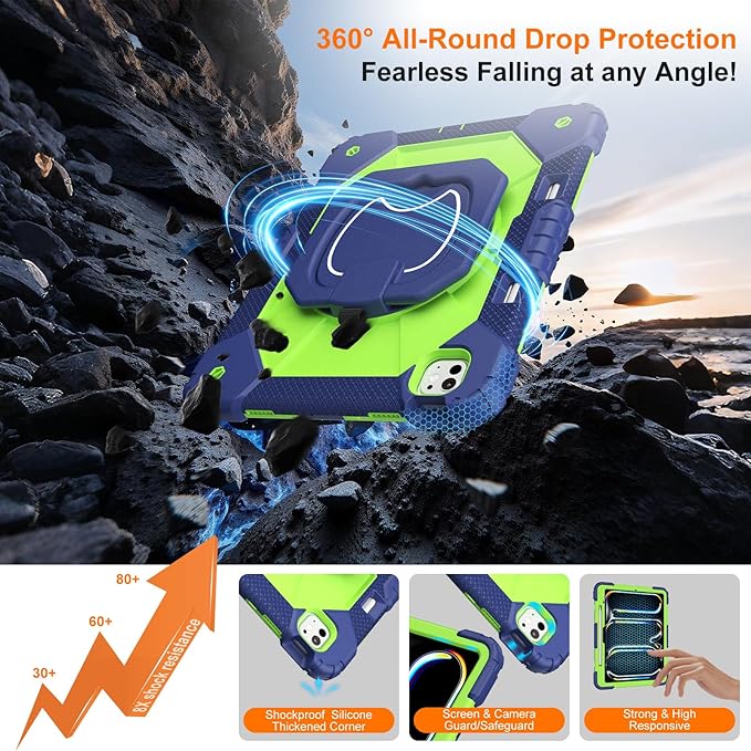 Case for iPad Pro 13 Inch M5 2025 / M4 2024 Auorld for iPad Pro 13 Inch M5 2025 with Screen Protector 360 Degree Rotating Stand Shoulder Strap Pencil Holder Navy Green