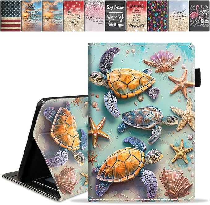 Case for Amazon Kindle Fire 7 Tablet (7 9th/7th Generation 2019/2017 Release) Slim PU Leather Cover with Card Slot &amp Auto Wake/Sleep Turtle Starfish Shell