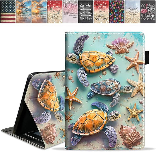 Case for Amazon Kindle Fire 7 Tablet (7 9th/7th Generation 2019/2017 Release) Slim PU Leather Cover with Card Slot &amp Auto Wake/Sleep Turtle Starfish Shell