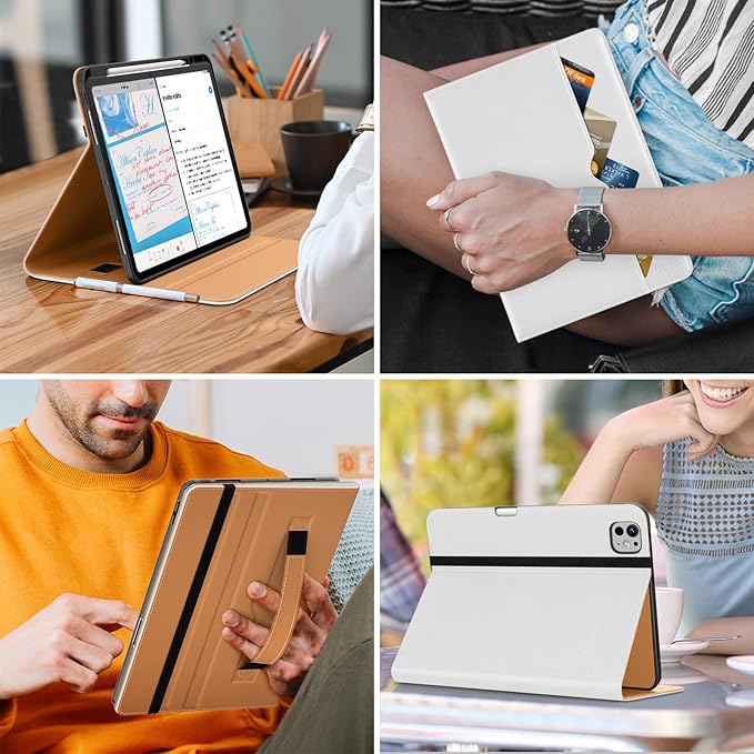DTTO for iPad Pro 13 inch Case (M4) 2024 Premium Leather Business Folio Stand Cover with Pencil Holder - Auto Wake/Sleep and Multiple Viewing Angles Built in Hand Strap &amp Pocket White