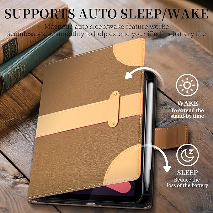 iPad Case for iPad mini 7th/6th Gen 8.3 inchLeather Folio Cover with Pencil HolderAuto Wake/Sleep Adjustable StandMagnetic Buckle Closure Protection Case-Single Strap Yellow Brown