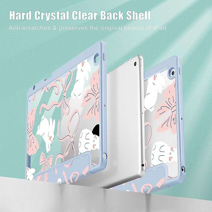 Case for iPad 9th/ 8th/ 7th Generation 10.2-Inch Case(2021/2020/2019 Release) [Built in Pencil Holder] Trifold Stand Auto Wake/Sleep Clear TPU Protection Back Cover Bunny Bows