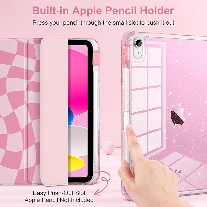 MEEgoodo Case for iPad A16 11th Generation 2025/10th Generation 2022 Glitter Tablet Cases with Transparent Acrylic Back+Trifold Stand +Pencil Holder+Auto Wake/SleepRomantic Pink Square