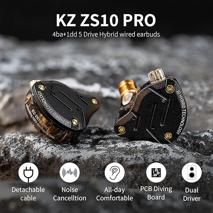 KZ ZS10 Pro Gaming Earbuds 4BA 1DD Gaming Wired Earbuds with Mic IEM Headphone Multi Driver HiFi Monitor Headphones KZ in Ear Earphoner with 2PIN IEM Cable All in One Button (Black with Mic)