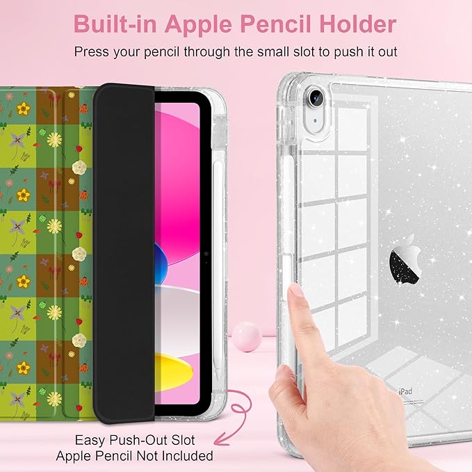 MEEgoodo Case for iPad A16 11th Generation 2025/10th Generation 2022 Glitter Tablet Cases with Transparent Acrylic Back+Trifold Stand +Pencil Holder+Auto Wake/SleepGreen Checkered &amp Nature Patte
