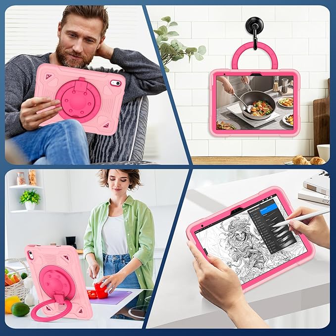 for iPad (A16) 11th Generation 11 Inch 2025/iPad 10th Generation 10.9 Inch 2022 Case with Screen Protector 360°Rotating StandPencil Holder Shoulder Strap Cover A16 iPad Case KidsPink