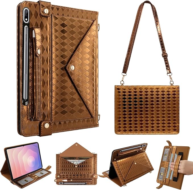 Tablet Carrying Shoulder Bag Case for Samsung Galaxy Tab S9 FE+ Plus/S9+/S8+/S7+ Plus 12.4 Iridescent Diamond Texture Envelope PU Leather Hand Strap Cards Holder Pocket S Pen Holder CaseBrown
