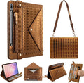 Tablet Carrying Shoulder Bag Case for Samsung Galaxy Tab S9 FE+ Plus/S9+/S8+/S7+ Plus 12.4 Iridescent Diamond Texture Envelope PU Leather Hand Strap Cards Holder Pocket S Pen Holder CaseBrown