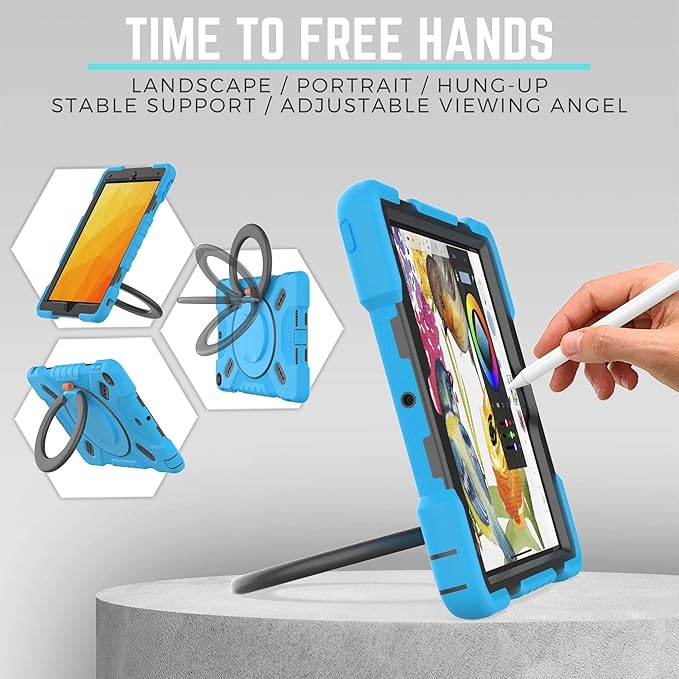 PEPKOO Triple Shockproof Case for iPad 9th/8th/7th Generation 10.2 inch 2021/2020/2019 Air 3rd Generation 10.5 inch Heavy Duty Cover with Pencil Holder Handle Kickstand Shoulder Strap Blue