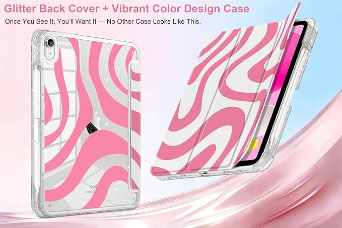 MEEgoodo Case for iPad A16 11th Generation 2025/10th Generation 2022 Glitter Tablet Cases with Transparent Acrylic Back+Trifold Stand +Pencil Holder+Auto Wake/SleepPink Wave Pattern