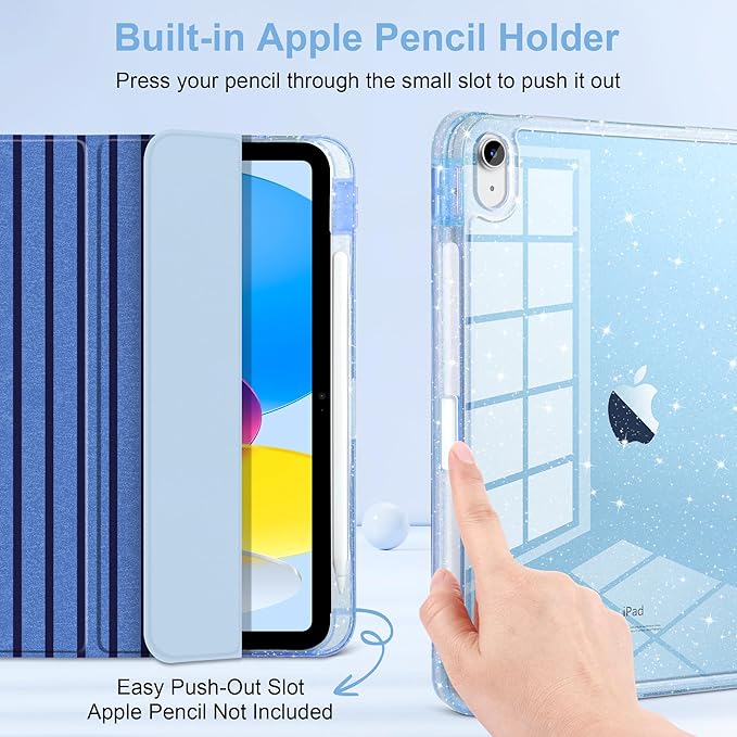 DONGKE for iPad Pro 11 inch Case – Fits M5 2025 / M4 2024 Shockproof Sparkling Glitter Acrylic Back Pencil Holder Trifold Stand Auto Sleep/Wake &amp Touch ID Support - Dark Blue Stripes